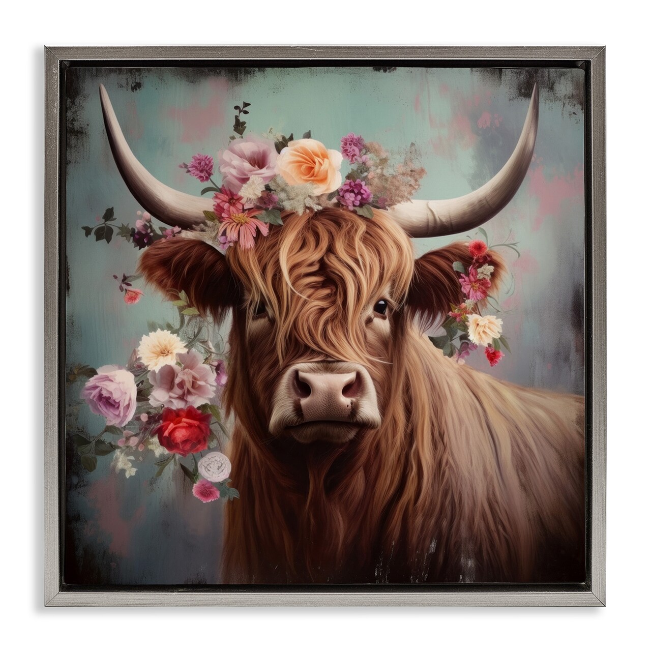 Stupell Industries Cow with Vintage Florals Framed Floater Canvas Wall Art